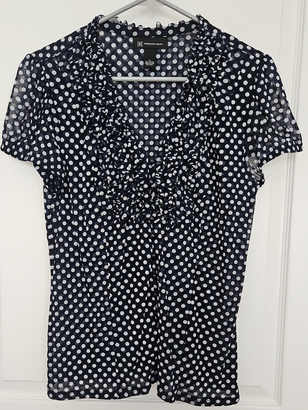 INC International Concepts Navy and White Polka Dot Ruffle V-Neck Blouse, Large